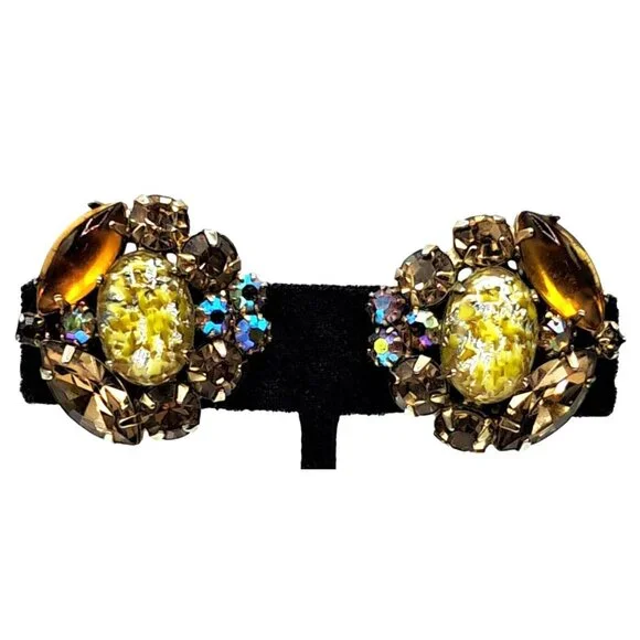Yellow Foil Art Glass Rhinestone Earrings Autumn Colors Vintage Costume Jewelry - Picture 2 of 8